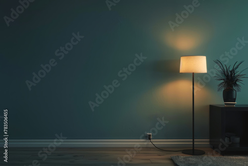 lit lamp sits on a side table in a living room
