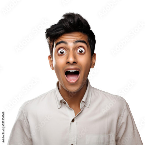 Funny young man raised eyebrows with surprised face expression, isolated on transparent background