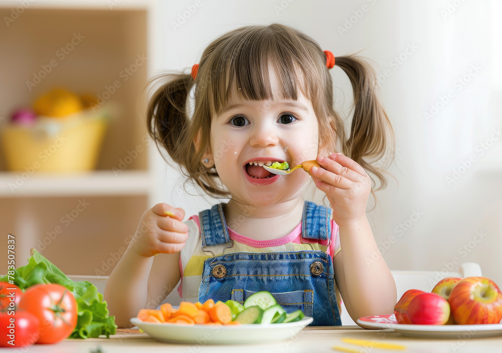 A little girl sitting at a table eating food, wearing overalls and pink shoes, smiling happily with her mouth open while holding a spoon in one hand.