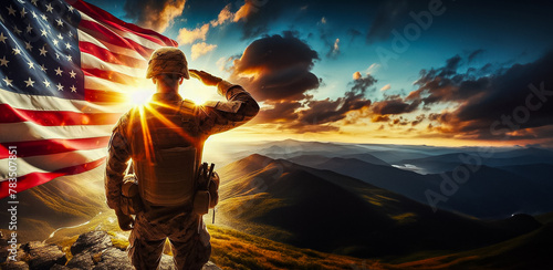 Web banner design of an American soldier saluting the American flag photo