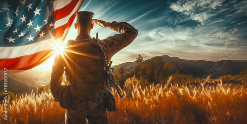 Web banner design of an American soldier saluting the American flag photo