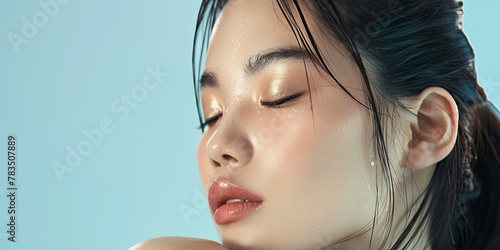 close up portrait of a beautiful Asian woman with glossy lips and closed eyes wearing light makeup and having clean, generative AI © VALUEINVESTOR