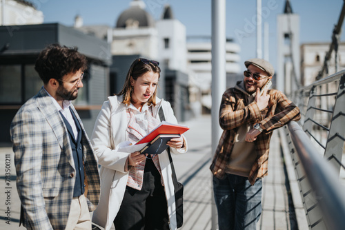 Three young business associates collaboratively discussing strategies and marketing outdoors with an urban backdrop.