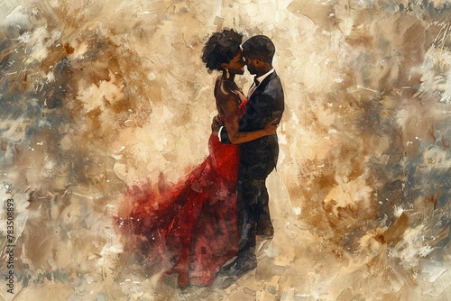 Shot from a high angle a young African American couple dance in a ballroom, with elegant attire and romantic lighting Watercolor painting, visible brush strokes and muted tones