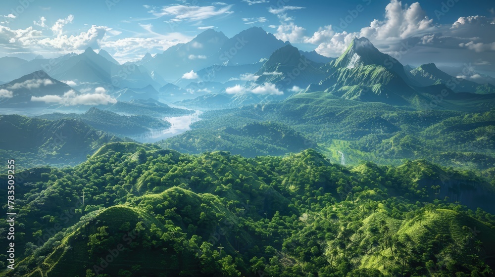 Panoramic view of beautiful rainforest. Beautiful sky, mountains and jungle. Aerial view. Prehistoric earth. Ai-generated. Panoramic view of beautiful rainforest. Beautiful sky, mountains and jungle. Aerial view. Prehistoric earth. Ai-generated.
