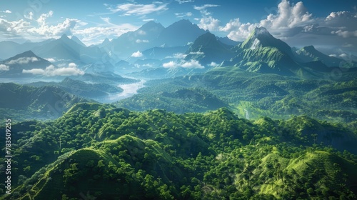 Panoramic view of beautiful rainforest. Beautiful sky, mountains and jungle. Aerial view. Prehistoric earth. Ai-generated.