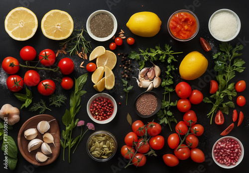 A flat lay of vibrant fruits, vegetables, and herbs neatly organized on a black background, showcasing a variety of textures and colors. 