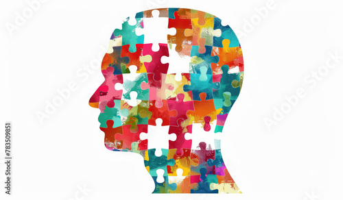 A profile of the human head made up of colorful puzzle pieces, representing different mental health interconnected in an intricate pattern