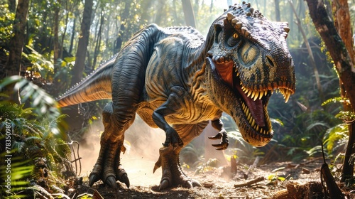 AI-generated majestic dinosaurs in a prehistoric landscape. Tyrannosaurus, t-rex. The concept of time when dinosaurs ruled the Earth. © Acronym