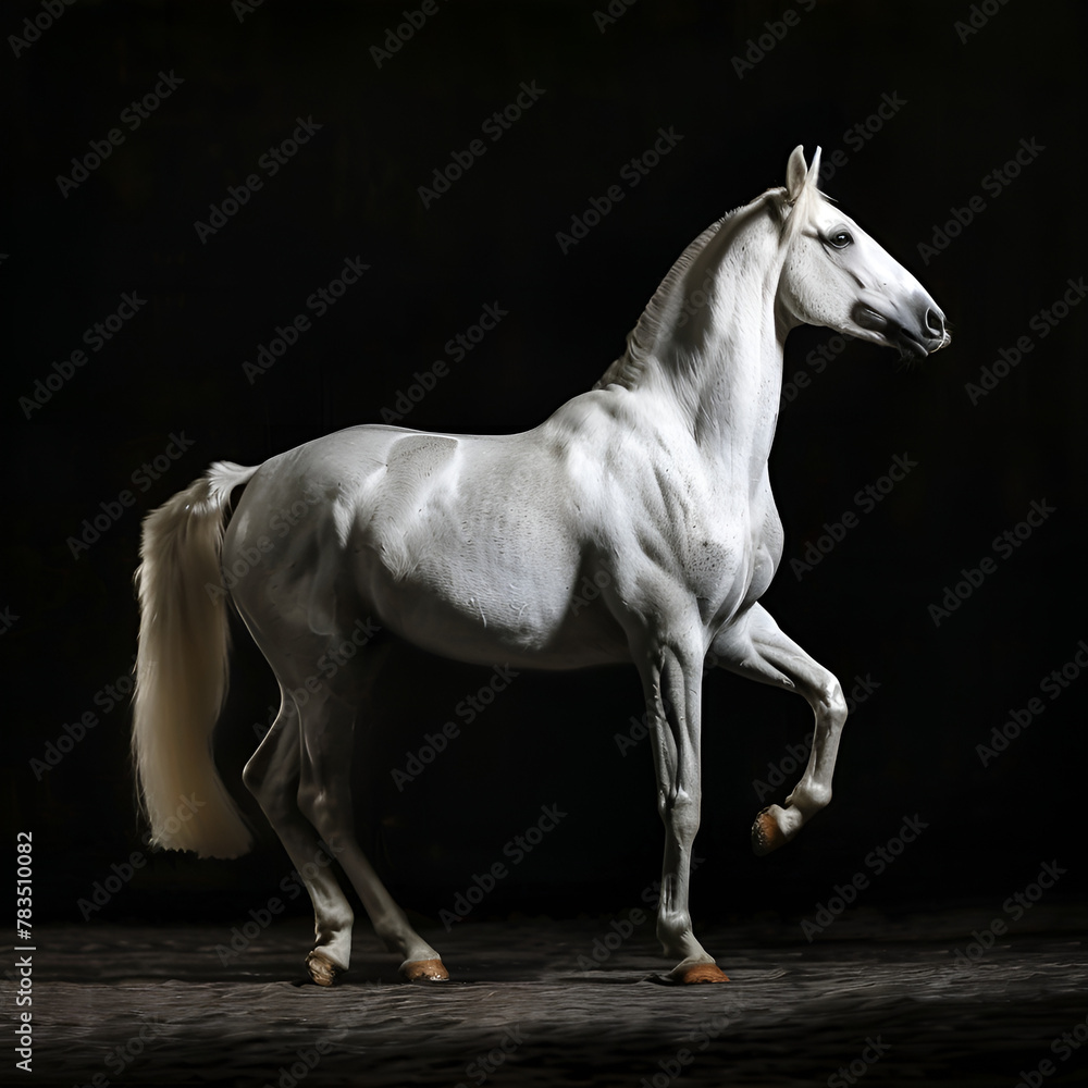 Fototapeta premium Standing and rearing silver white horse in studio interior dramatic lighting isolated on black