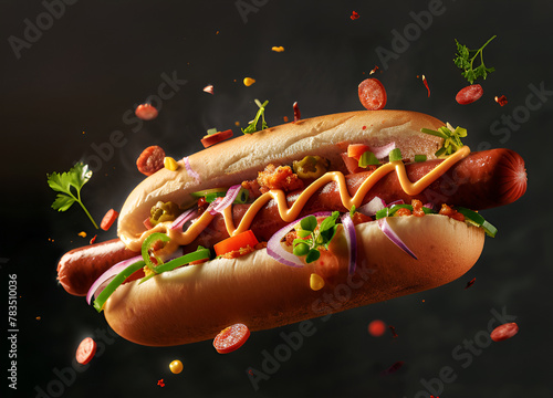fresh hotdog or sausage sandwich with flying ingredients and spices hot ready to serve