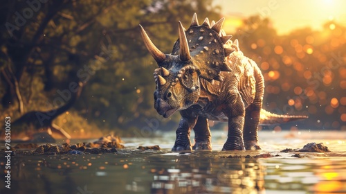AI-generated majestic dinosaurs in a prehistoric landscape. Triceratops. The concept of time when dinosaurs ruled the Earth. photo