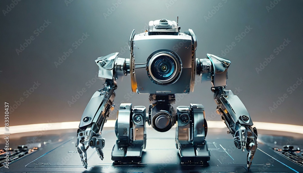 digital modern Mini robot showcasing its sleek metallic design, background digital modern Mini robot showcasing its sleek metallic design, background