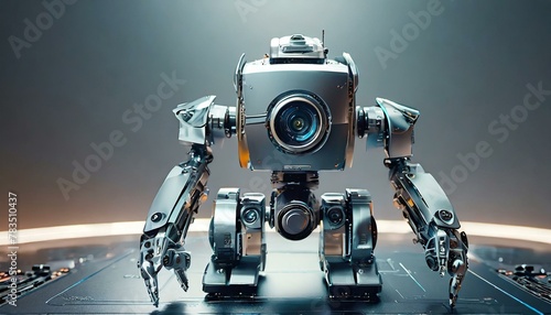 digital modern Mini robot showcasing its sleek metallic design, background