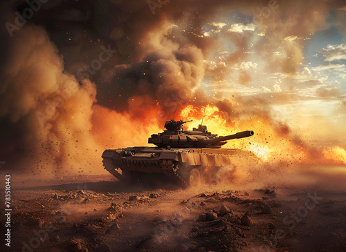 armored tank crosses a mine field during war invasion epic scene of fire and some in the desert, wide poster design with copy space area