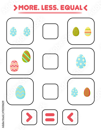 Compare the number of eggs. Write the sign more , less, equal. Teaching children. Education for kindergarten.