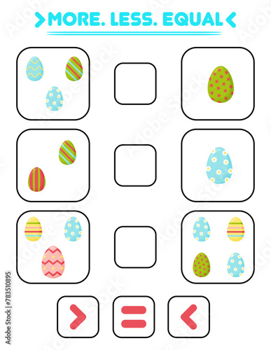 Compare the number of eggs. Write the sign more , less, equal. Teaching children. Education for kindergarten.