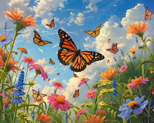 Butterflies migrating over a meadow, vibrant flowers, clear skies, delicate flutter. © Suritong