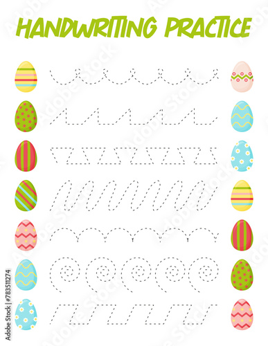 Tracing lines with eggs. Handwriting practice for children.Practicing fine motor skills. Educational game for preschool kids. Vector illustration