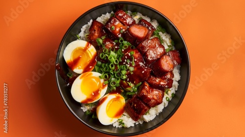 Barbecued red pork in sauce, boiled eggs, Chinese sausage on topped rice in black bowl on orange background. Asian food photo