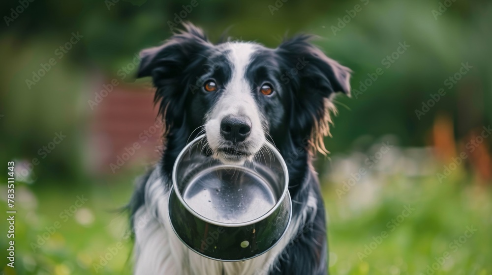 Border collie dog holds bowl in it mouth and looks at camera. Empty space for text Border collie dog holds bowl in it mouth and looks at camera. Empty space for text