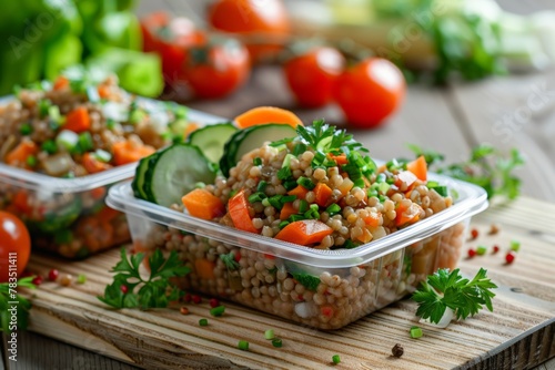 Reusable plastic containers with portions of buckwheat, vegetables and meat. Preparation of Lunch boxes with healthy and delicious dishes for the weekly training menu.
