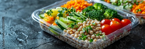 Reusable plastic containers with portions of buckwheat, vegetables and meat. Preparation of Lunch boxes with healthy and delicious dishes for the weekly training menu. photo