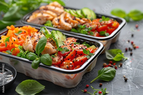 Reusable plastic containers with portions of buckwheat, vegetables and meat. Preparation of Lunch boxes with healthy and delicious dishes for the weekly training menu.