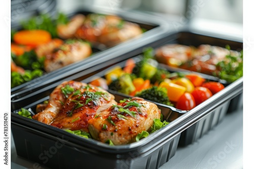 Reusable plastic containers with portions of buckwheat, vegetables and meat. Preparation of Lunch boxes with healthy and delicious dishes for the weekly training menu.
