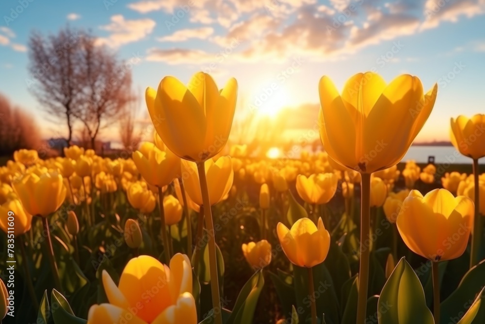 Field of tulips on sunset background