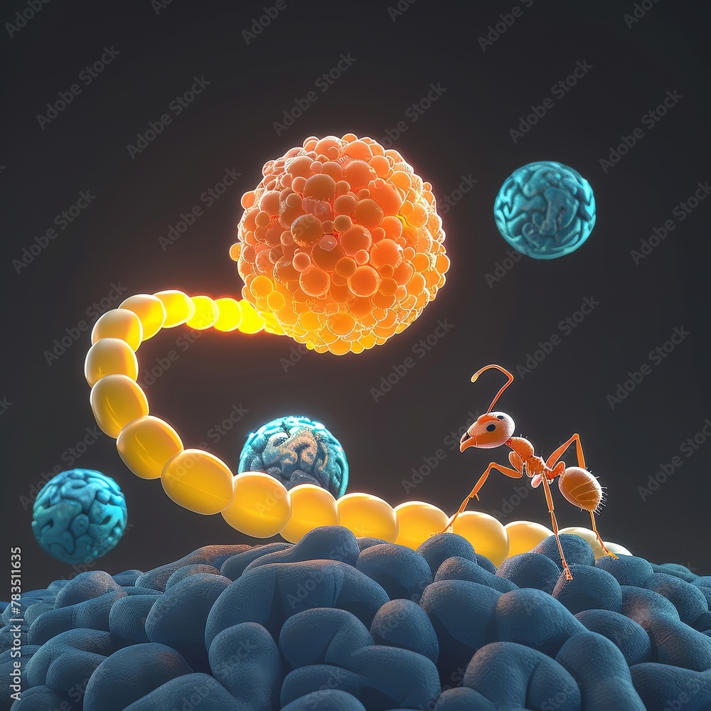 a cell fighting against cancer, with an antFeatures of the ...