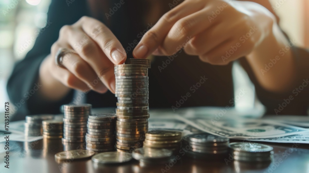 Business women put coin stack money and many bank note in office, Save money for future and Retirement. Business women put coin stack money and many bank note in office, Save money for future and Retirement.