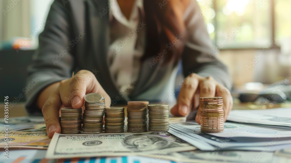 Business women put coin stack money and many bank note in office, Save money for future and Retirement. Business women put coin stack money and many bank note in office, Save money for future and Retirement.