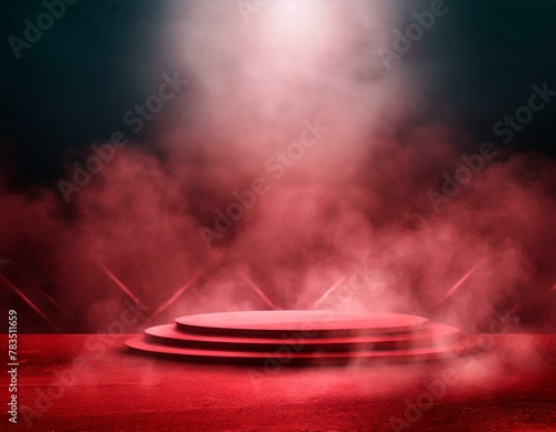 Podium red smoke background product platform abstract stage texture fog spotlight. Red floor podium dramatic empty night room table concrete wall scene place display studio smoky dust, Ai Generate