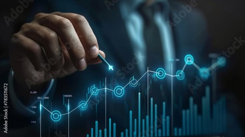Businessman analyzing growth sales data graph on modern interface icons. digital online marketing Financial and investment business planning and development.