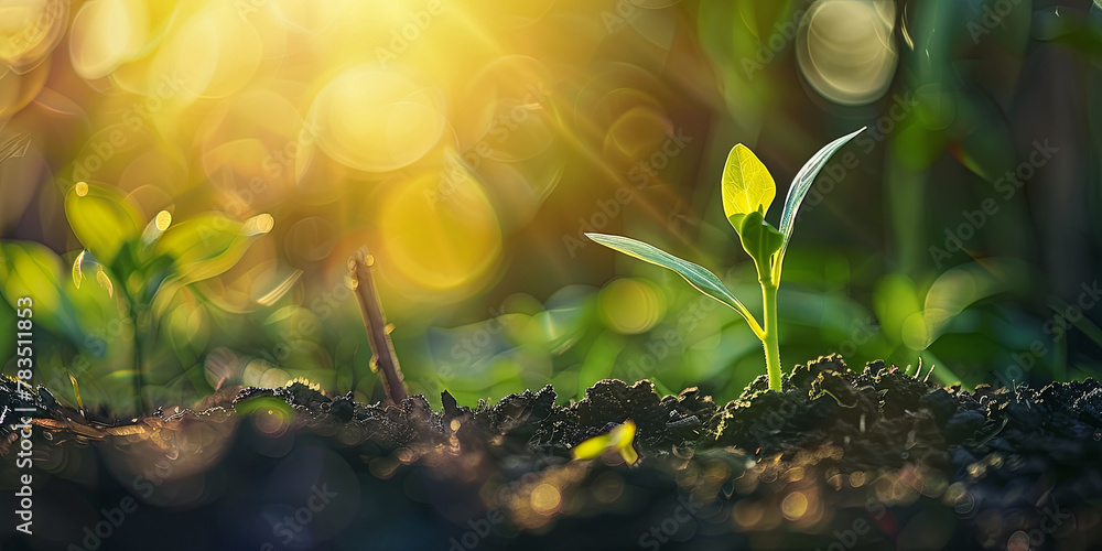 Obraz premium new sprout grows on the soil background in the morning sunlight, generative AI