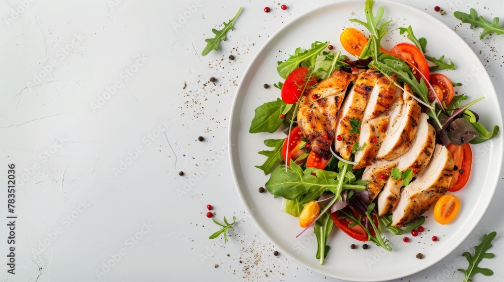 Chicken fillet with salad. Healthy food, keto diet, diet lunch concept. Top view on white background. Chicken fillet with salad. Healthy food, keto diet, diet lunch concept. Top view on white background.