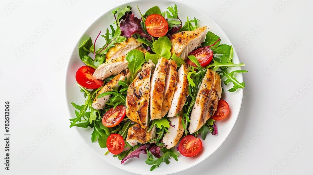 Chicken fillet with salad. Healthy food, keto diet, diet lunch concept. Top view on white background. Chicken fillet with salad. Healthy food, keto diet, diet lunch concept. Top view on white background.