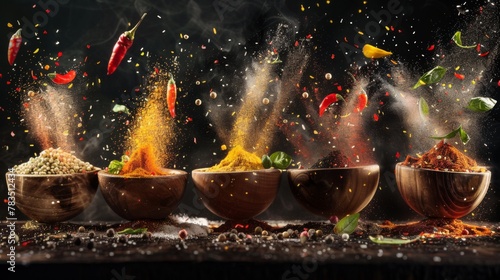 Colorful spices and peppers in wooden bowls flying over black background. Spices and seasonings powder splash. Freeze motion photo.