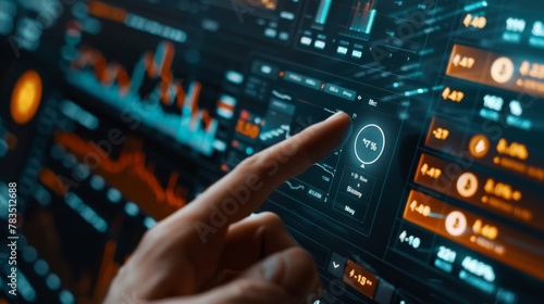 Crypto trader investor broker holding finger on buy or sell button executing financial stock trade market trading order thinking of cryptocurrency or shares assets investment risks and profit concept.