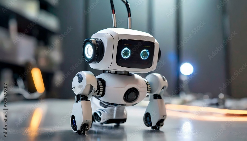 digital modern Mini robot against a minimalist backdrop, emphasizing its compact size and advanced features. Background digital modern Mini robot against a minimalist backdrop, emphasizing its compact size and advanced features. Background