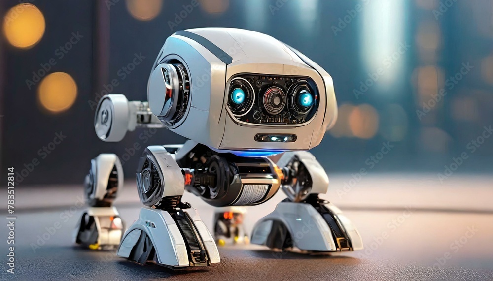 Fototapeta premium digital modern Mini robot against a minimalist backdrop, emphasizing its compact size and advanced features. Background