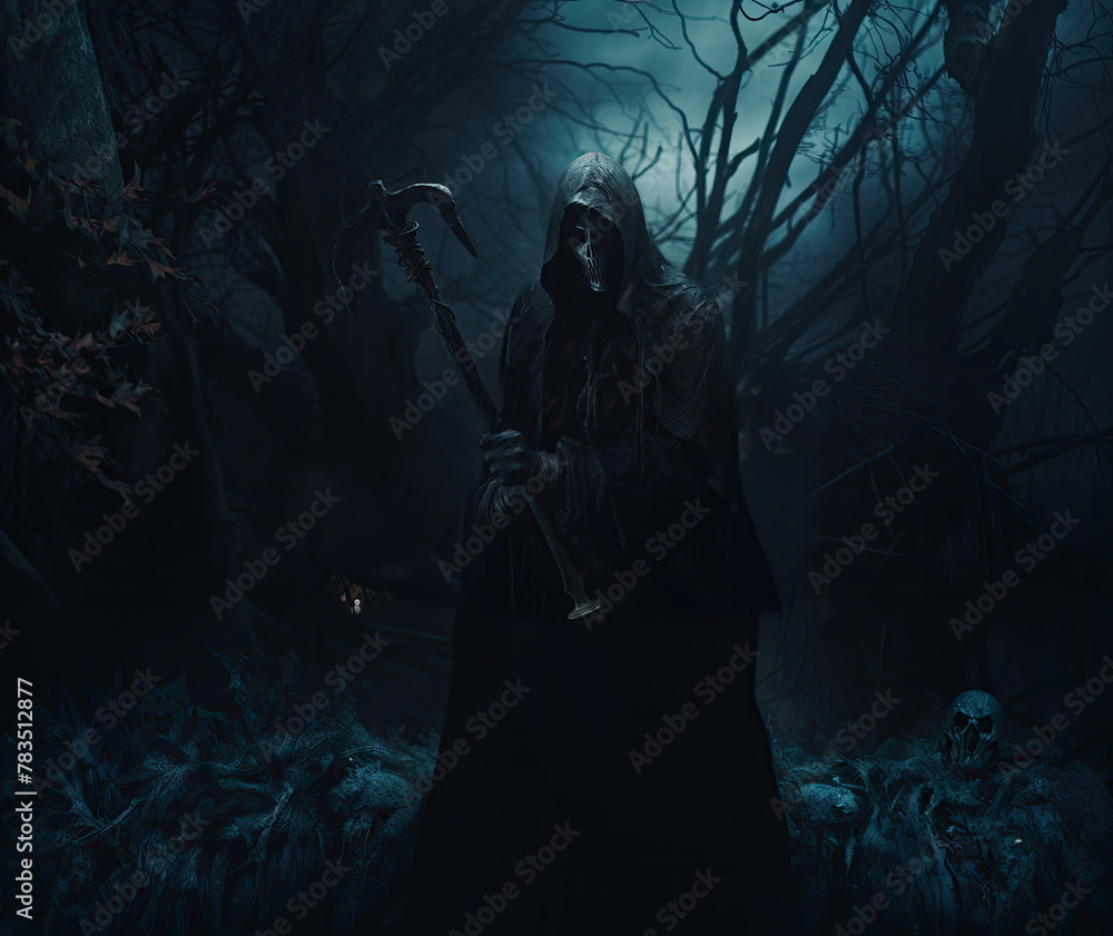 Halloween background. nightmarish silhouette of death in a cloak and a dark hood. Undead in a scary mystical forest. The concept of Halloween, witchcraft and magic. Halloween background. nightmarish silhouette of death in a cloak and a dark hood. Undead in a scary mystical forest. The concept of Halloween, witchcraft and magic.
