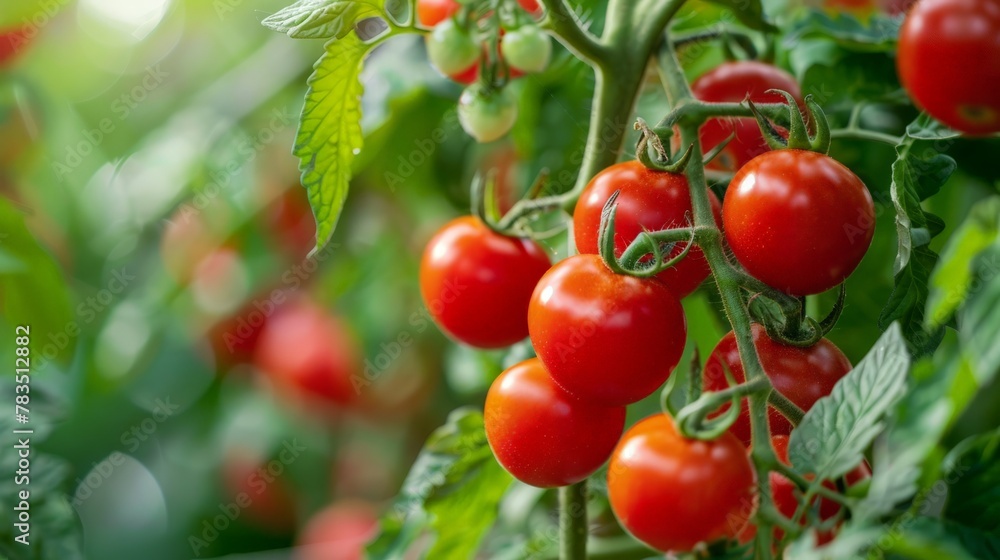 Beautiful red ripe cherry tomatoes grown in a greenhouse