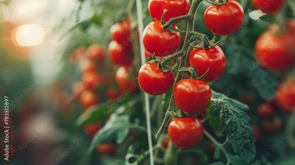Beautiful red ripe cherry tomatoes grown in a greenhouse