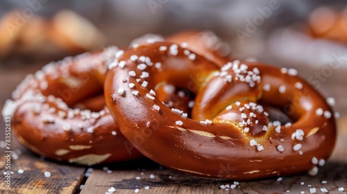 Bavarian delicious freshly baked and freshly prepared homemade soft pretzel lying among pretzels,