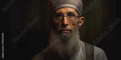 Portrait of Elderly Muslim Imam in front of black background  photo