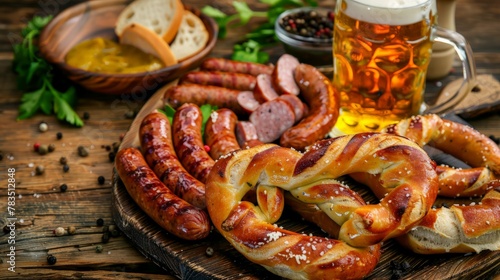 Bavarian sausages with pretzels, sweet mustard and beer mug on rustic wooden table. Oktoberfest menu photo