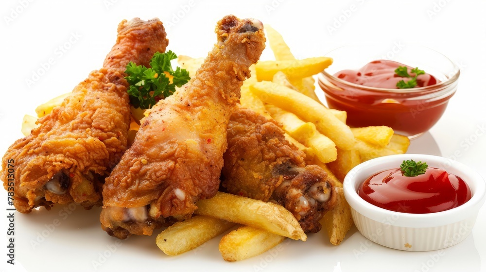 Breaded crispy chicken legs with french fries and ketchup, isolated on white background. - obrazy, fototapety, plakaty 