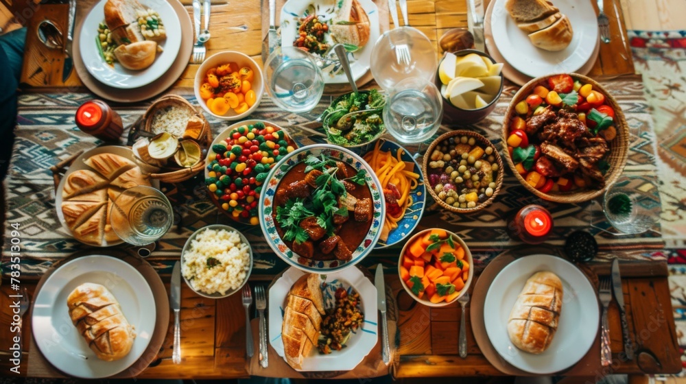 Eid al-Fitr holiday table. Ramadan family dinner. Breaking Fast, iftar. Arabic Middle Eastern traditional cuisine Eid al-Fitr holiday table. Ramadan family dinner. Breaking Fast, iftar. Arabic Middle Eastern traditional cuisine